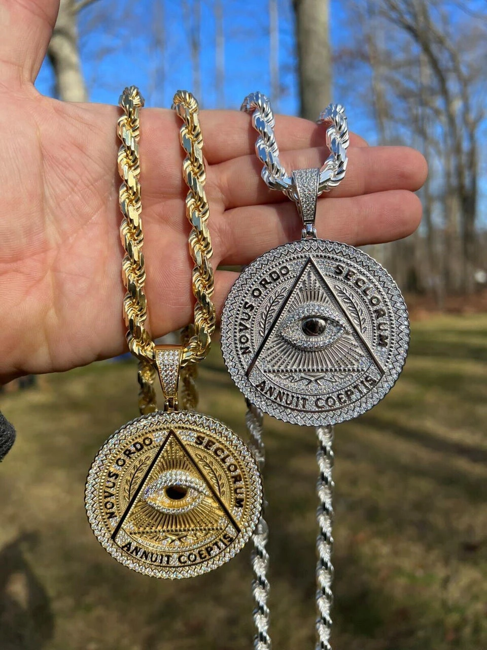MOISSANITE Huge 3" All Seeing Illuminati Eye Masonic Medallion Necklace Silver 18 MOISSANITE Huge 3" All Seeing Illuminati Eye Masonic Medallion Necklace Silver - Image 16