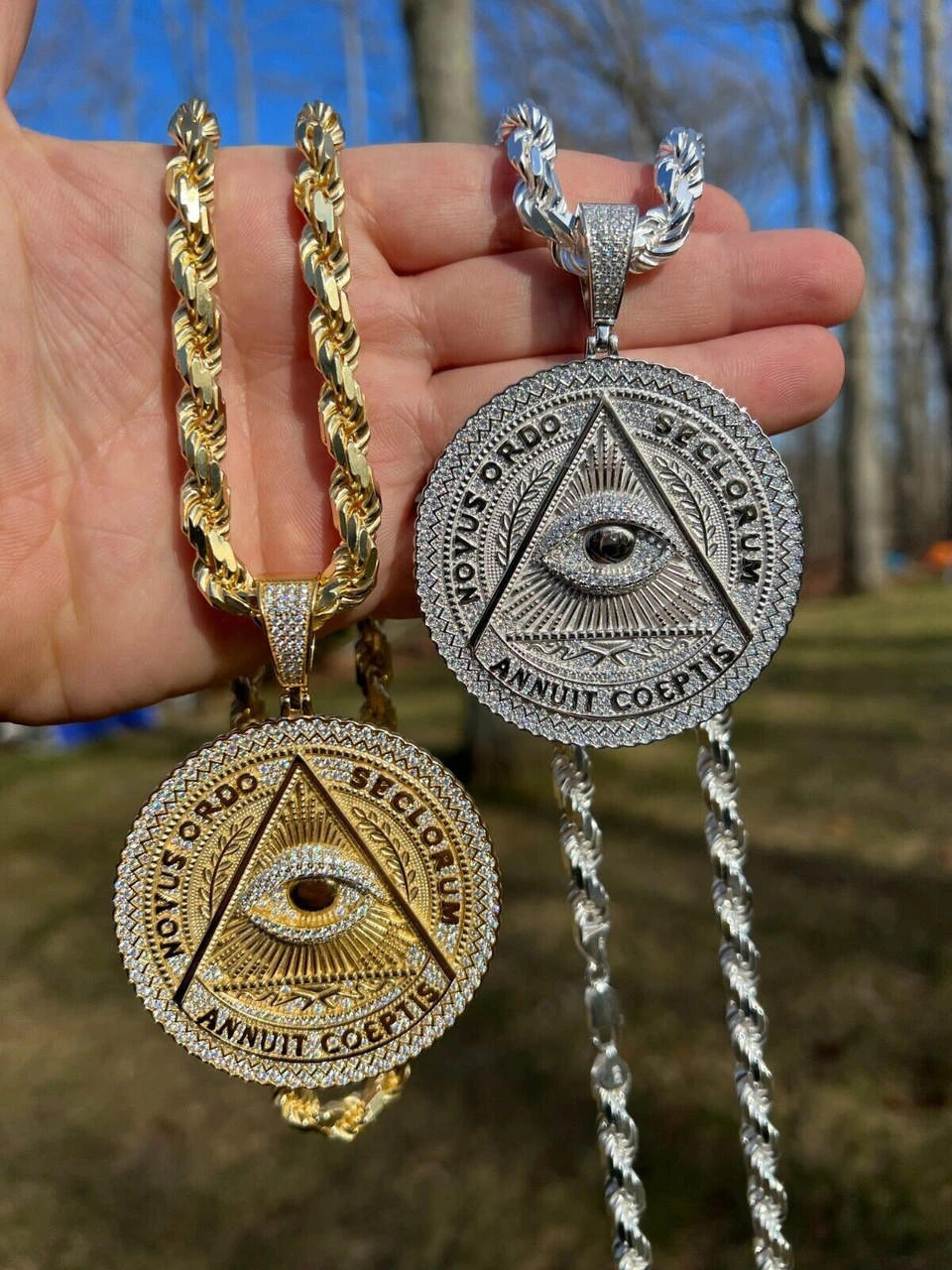 MOISSANITE Huge 3" All Seeing Illuminati Eye Masonic Medallion Necklace Silver 6 MOISSANITE Huge 3" All Seeing Illuminati Eye Masonic Medallion Necklace Silver - Image 4
