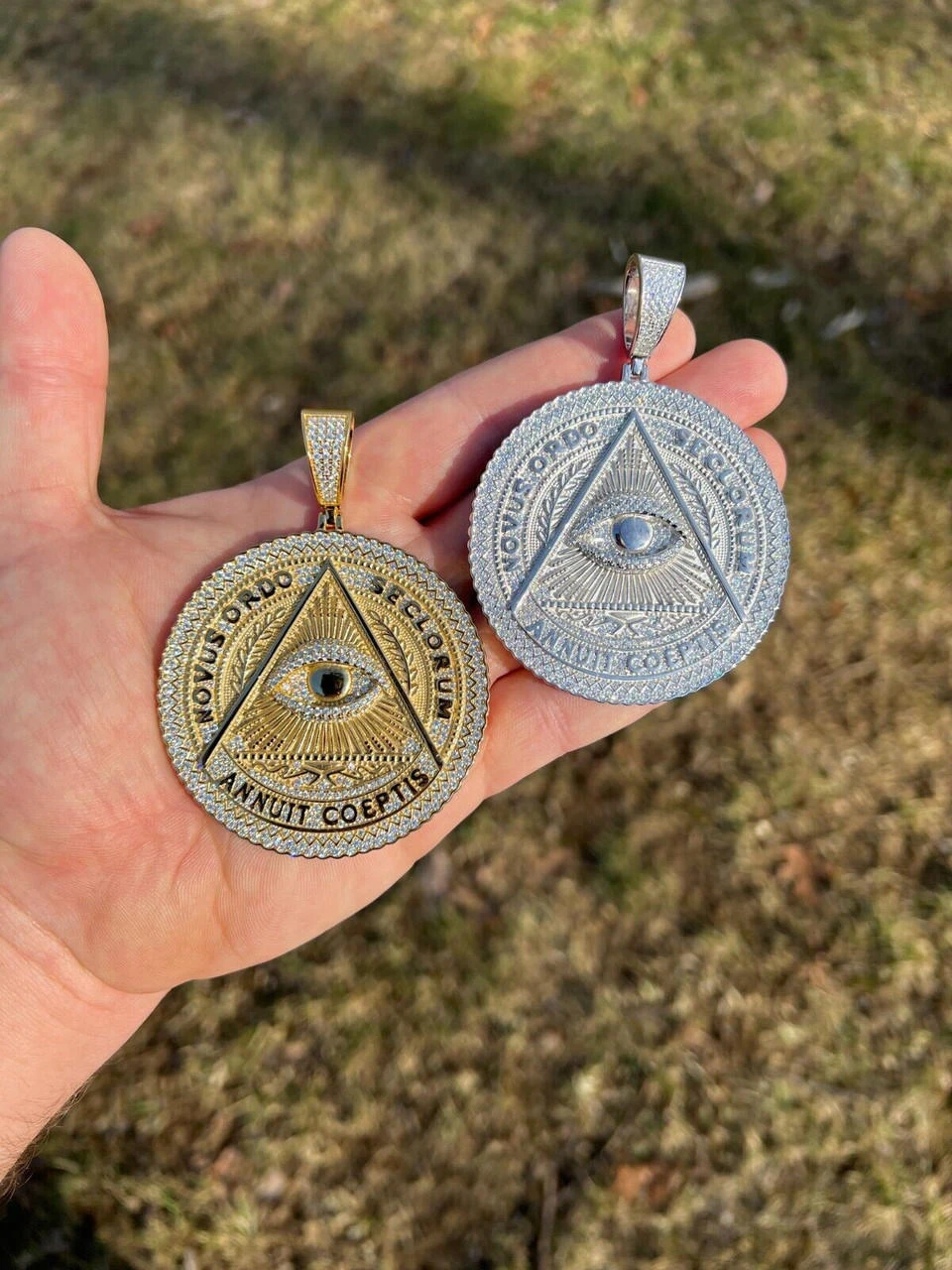 MOISSANITE Huge 3" All Seeing Illuminati Eye Masonic Medallion Necklace Silver 15 MOISSANITE Huge 3" All Seeing Illuminati Eye Masonic Medallion Necklace Silver - Image 13