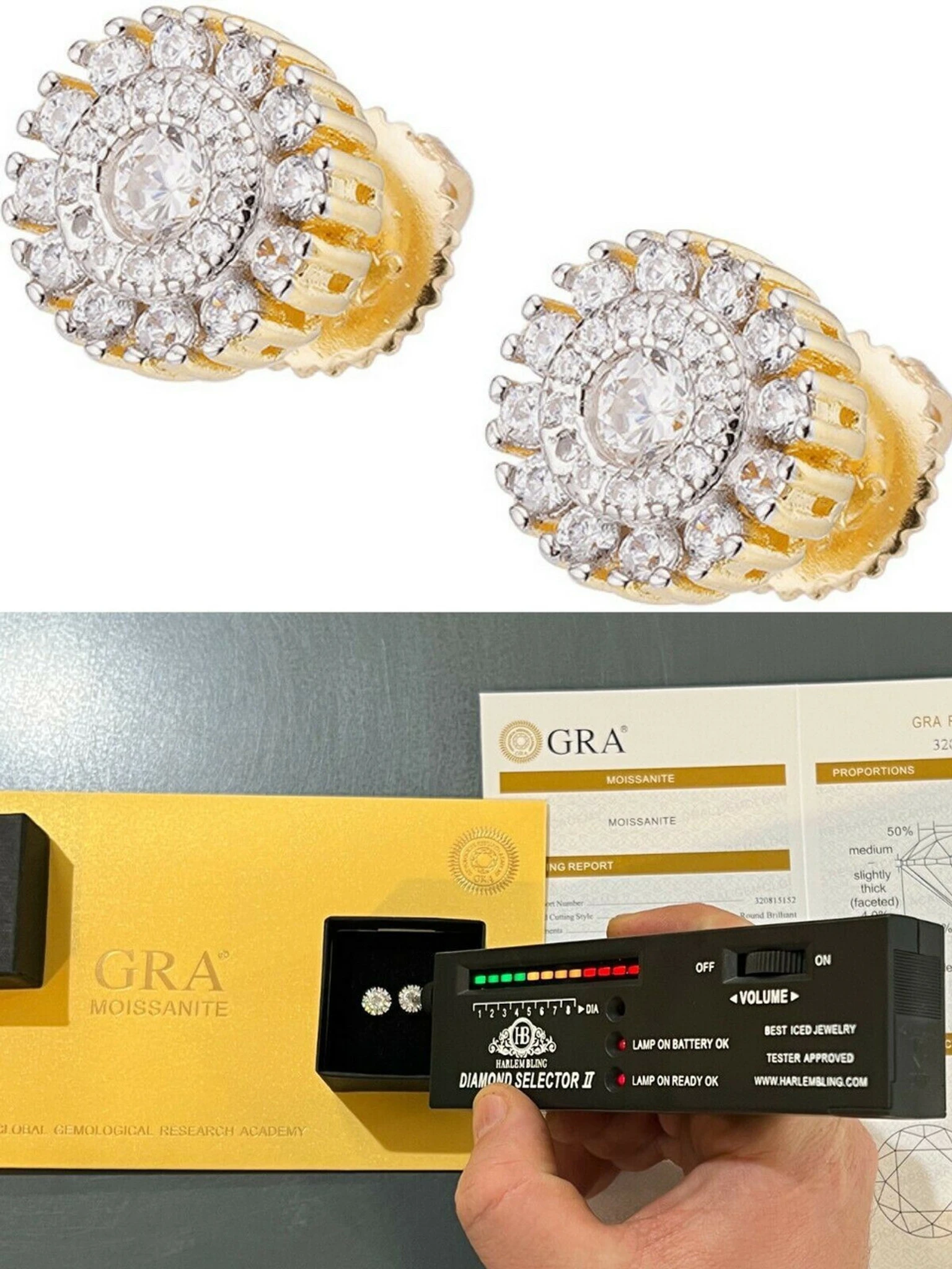 MOISSANITE Iced 14k Gold Vermeil Out 8mm Earrings Round Studs Pass Diamond Test 3 MOISSANITE Iced 14k Gold Vermeil Out 8mm Earrings Round Studs Pass Diamond Test