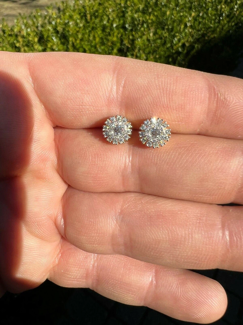 MOISSANITE Iced 14k Gold Vermeil Out 8mm Earrings Round Studs Pass Diamond Test 4 MOISSANITE Iced 14k Gold Vermeil Out 8mm Earrings Round Studs Pass Diamond Test - Image 2