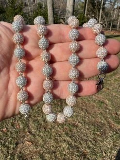 Moissanite Iced 925 Silver & Rose Gold Ball Disco Chain Necklace Diamond Test ✅ -Harlem Bling Shop harlembling moissanite iced 925 silver and rose gold ball disco chain necklace diamond test 13928.1675447145