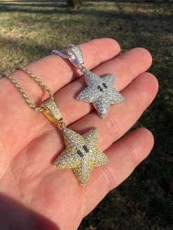 Moissanite Iced Mario Super Star 925 Silver /14k Gold Plated Pendant Necklace -Harlem Bling Shop harlembling moissanite iced mario super star 925 silver 14k gold plated pendant necklace 06385.1672505335