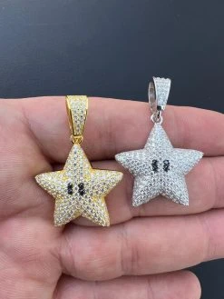 Moissanite Iced Mario Super Star 925 Silver /14k Gold Plated Pendant Necklace -Harlem Bling Shop harlembling moissanite iced mario super star 925 silver 14k gold plated pendant necklace 21945.1672505333