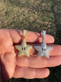 Moissanite Iced Mario Super Star 925 Silver /14k Gold Plated Pendant Necklace -Harlem Bling Shop harlembling moissanite iced mario super star 925 silver 14k gold plated pendant necklace 58966.1672505323