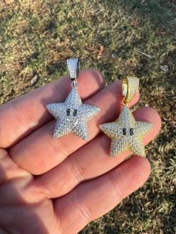 Moissanite Iced Mario Super Star 925 Silver /14k Gold Plated Pendant Necklace -Harlem Bling Shop harlembling moissanite iced mario super star 925 silver 14k gold plated pendant necklace 71898.1672505328