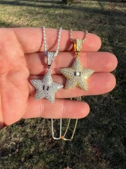 Moissanite Iced Mario Super Star 925 Silver /14k Gold Plated Pendant Necklace -Harlem Bling Shop harlembling moissanite iced mario super star 925 silver 14k gold plated pendant necklace 72523.1672505330