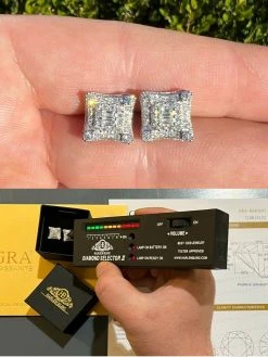 MOISSANITE Iced Silver HipHop Earrings Large Square Kite Baguette Diamond Test ✅