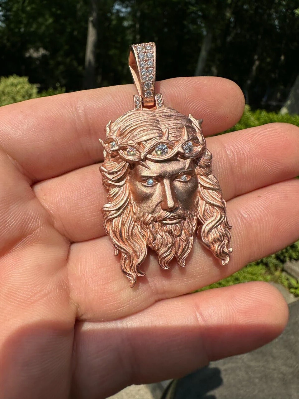 MOISSANITE Jesus Piece Iced Pendant Necklace - 14k Rose Gold Vermeil Real 925 Sterling Silver -Sandblasted Matte Finish 9 MOISSANITE Jesus Piece Iced Pendant Necklace - 14k Rose Gold Vermeil Real 925 Sterling Silver -Sandblasted Matte Finish - Image 7