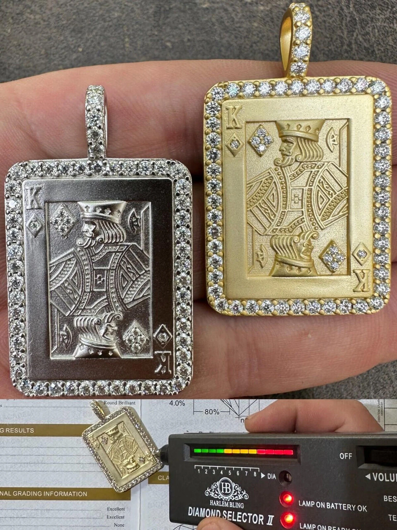 Moissanite Lucky King Of Diamonds 925 Silver/Gold Plated Iced Poker Card Pendant 3 Moissanite Lucky King Of Diamonds 925 Silver/Gold Plated Iced Poker Card Pendant