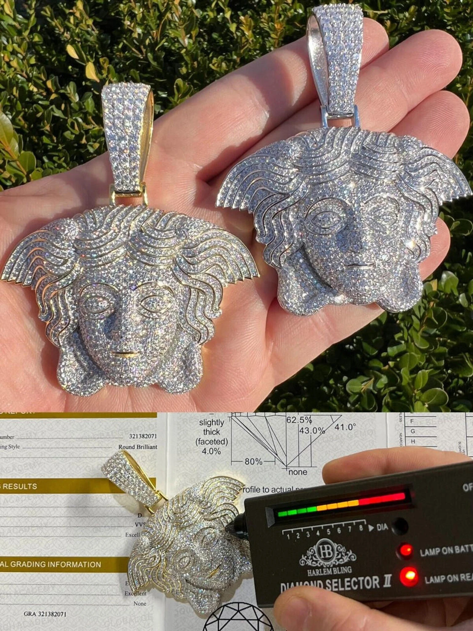 Moissanite Medusa Head Pendant - 925 Silver/14k Gold Vermeil Large 3" Iced Out Hip Hop Pendant Pass Diamond Tester 3 Moissanite Medusa Head Pendant - 925 Silver/14k Gold Vermeil Large 3" Iced Out Hip Hop Pendant Pass Diamond Tester