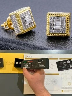 MOISSANITE Men 14k Gold Vermeil Earrings Square Baguette Studs Pass Diamond Test