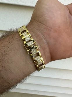 MOISSANITE Mens 12mm Iced Hermes Link Bracelet Real 14k Gold Over 925 Silver -Harlem Bling Shop harlembling moissanite mens 12mm iced hermes link bracelet real 14k gold over 925 silver 12790.1688685441