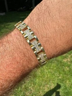 MOISSANITE Mens 12mm Iced Hermes Link Bracelet Real 14k Gold Over 925 Silver -Harlem Bling Shop harlembling moissanite mens 12mm iced hermes link bracelet real 14k gold over 925 silver 71162.1688685411