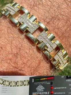 MOISSANITE Mens 12mm Iced Hermes Link Bracelet Real 14k Gold Over 925 Silver