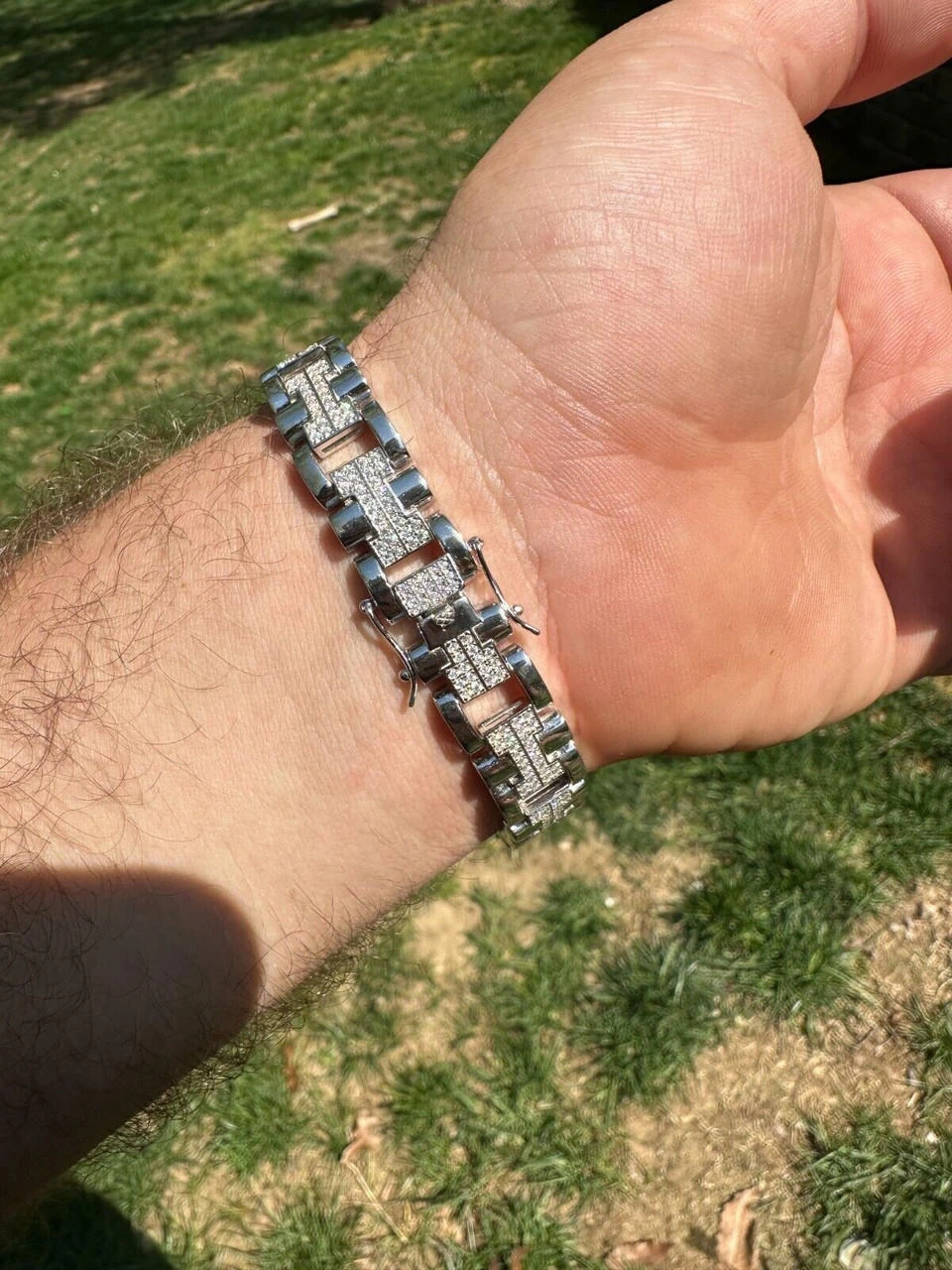 MOISSANITE Mens 12mm Iced Hermes Link Bracelet Real 925 Sterling Silver Hip Hop 5 MOISSANITE Mens 12mm Iced Hermes Link Bracelet Real 925 Sterling Silver Hip Hop - Image 3