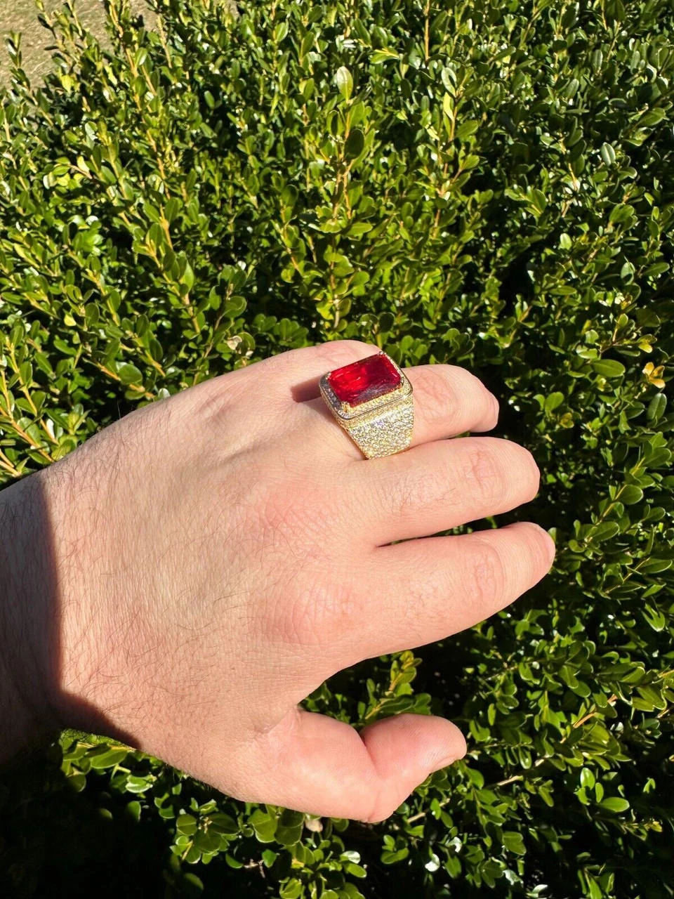 Moissanite Mens Iced 14K Gold Over Real 925 Silver Large Red Stone Hip Hop Ring 9 Moissanite Mens Iced 14K Gold Over Real 925 Silver Large Red Stone Hip Hop Ring - Image 7