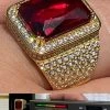 Moissanite Mens Iced 14K Gold Over Real 925 Silver Large Red Stone Hip Hop Ring -Harlem Bling Shop harlembling moissanite mens iced 14k gold over real 925 silver large red stone hip hop ring 31587.1678301597