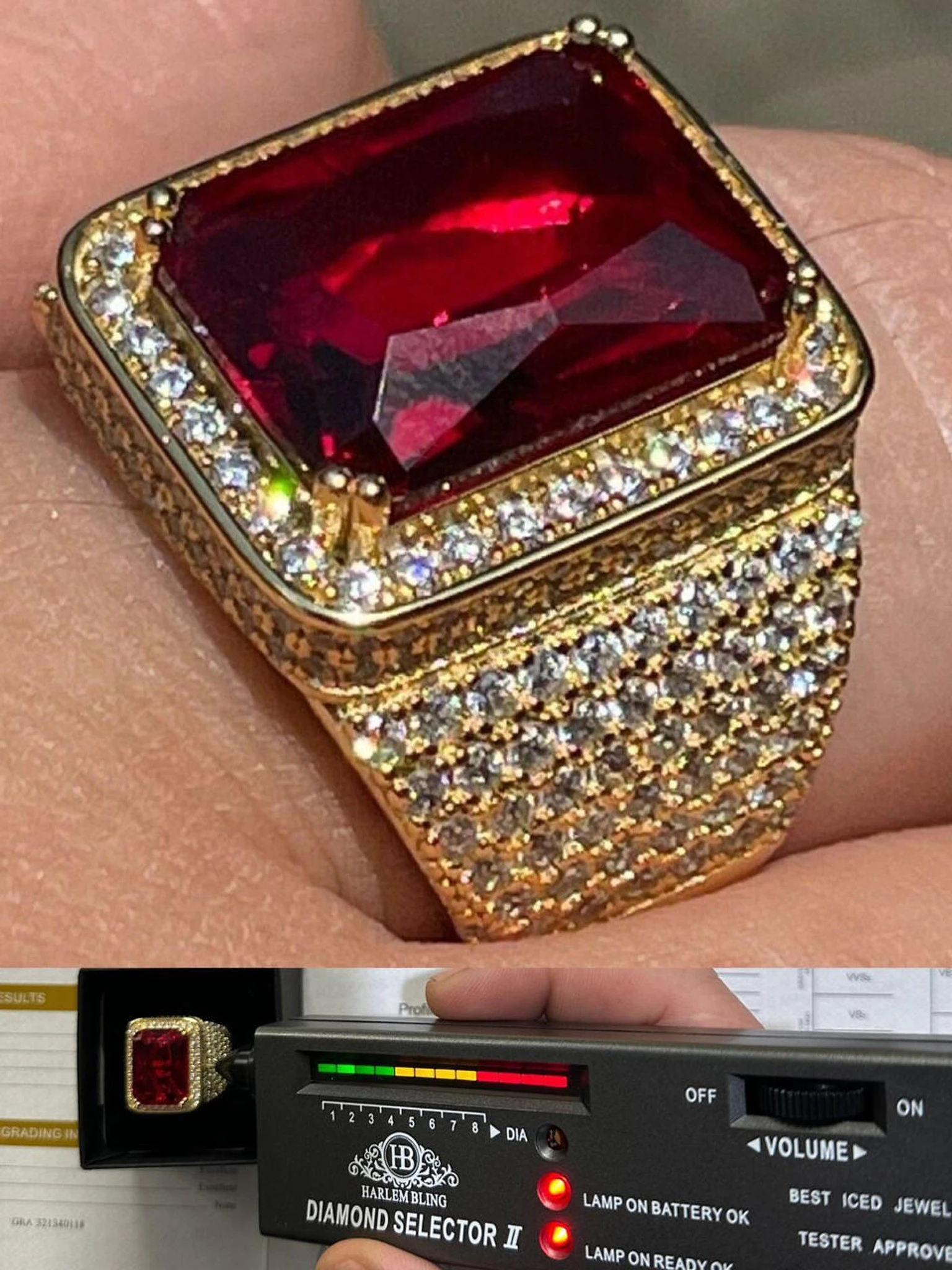 Moissanite Mens Iced 14K Gold Over Real 925 Silver Large Red Stone Hip Hop Ring 3 Moissanite Mens Iced 14K Gold Over Real 925 Silver Large Red Stone Hip Hop Ring