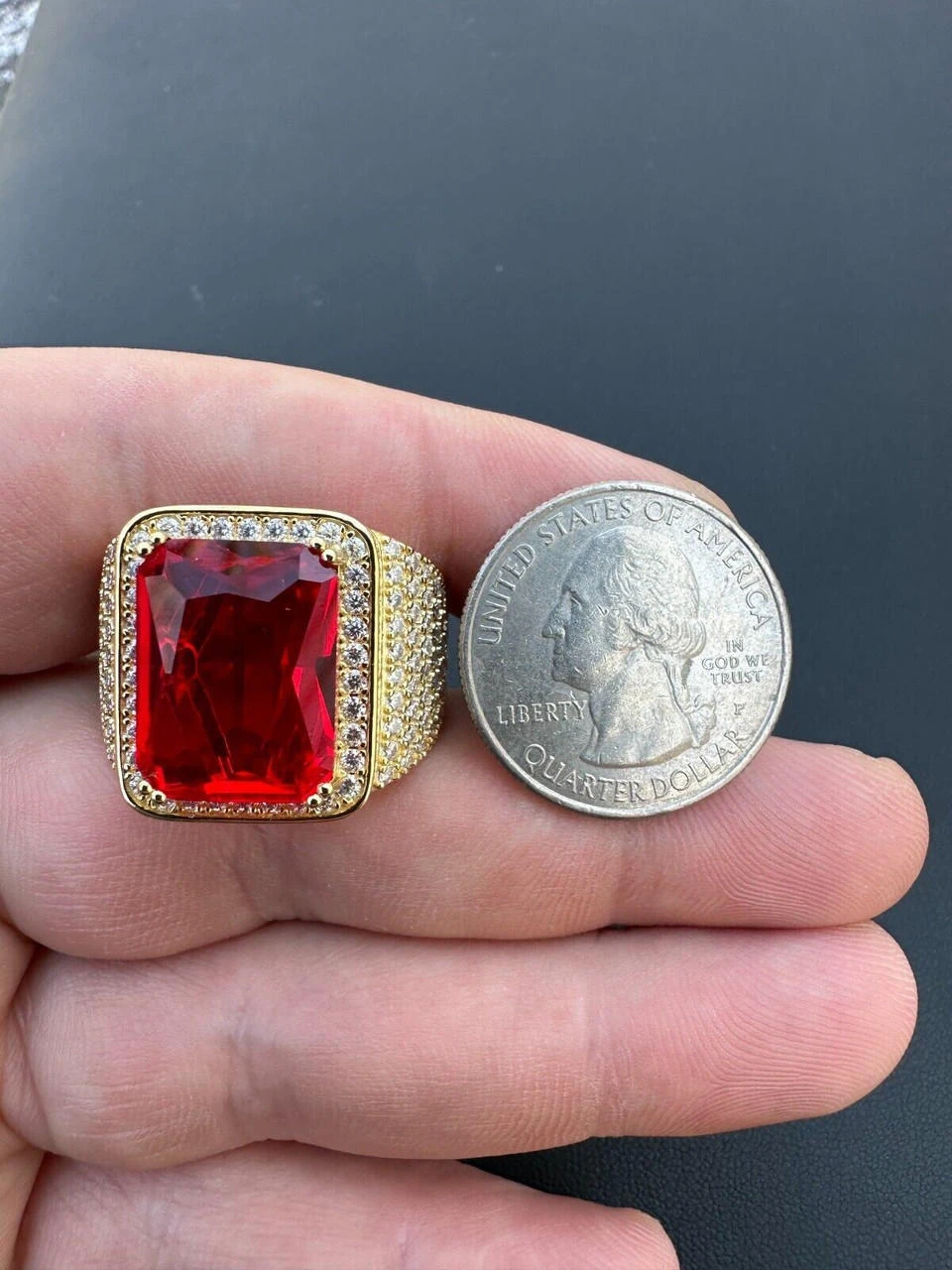 Moissanite Mens Iced 14K Gold Over Real 925 Silver Large Red Stone Hip Hop Ring 8 Moissanite Mens Iced 14K Gold Over Real 925 Silver Large Red Stone Hip Hop Ring - Image 6