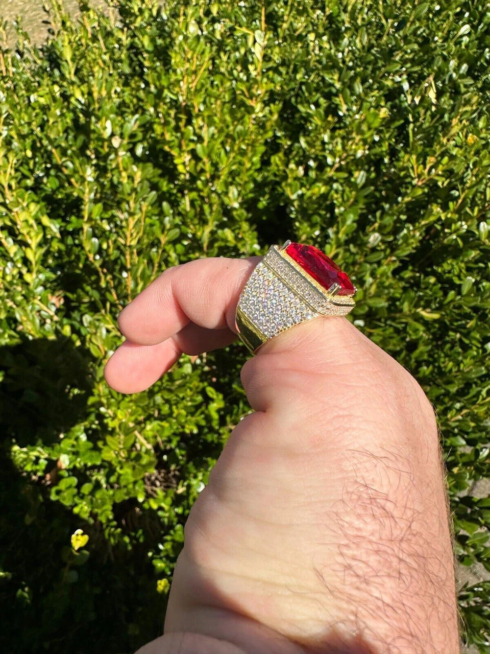 Moissanite Mens Iced 14K Gold Over Real 925 Silver Large Red Stone Hip Hop Ring 17 Moissanite Mens Iced 14K Gold Over Real 925 Silver Large Red Stone Hip Hop Ring - Image 15