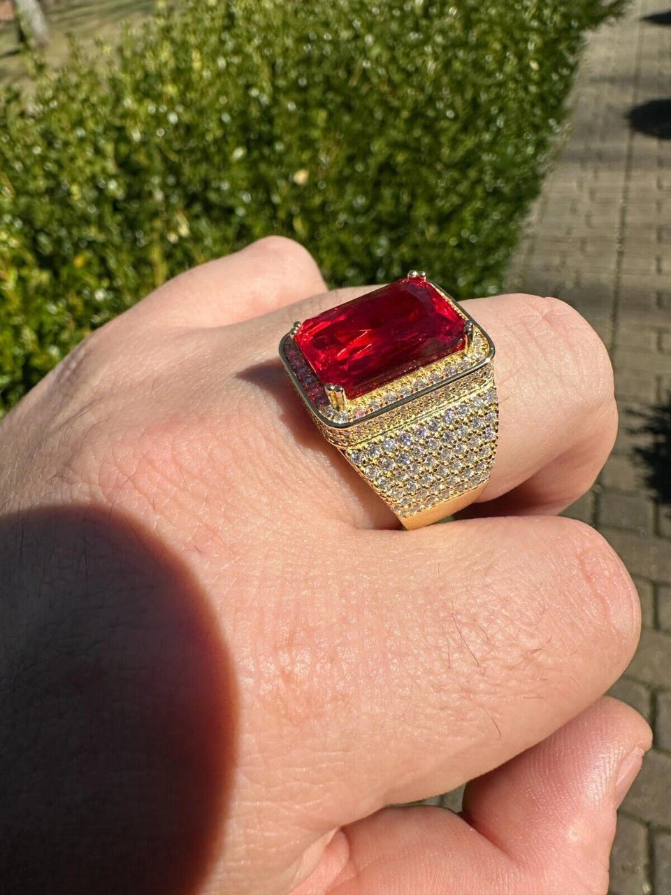 Moissanite Mens Iced 14K Gold Over Real 925 Silver Large Red Stone Hip Hop Ring 20 Moissanite Mens Iced 14K Gold Over Real 925 Silver Large Red Stone Hip Hop Ring - Image 18