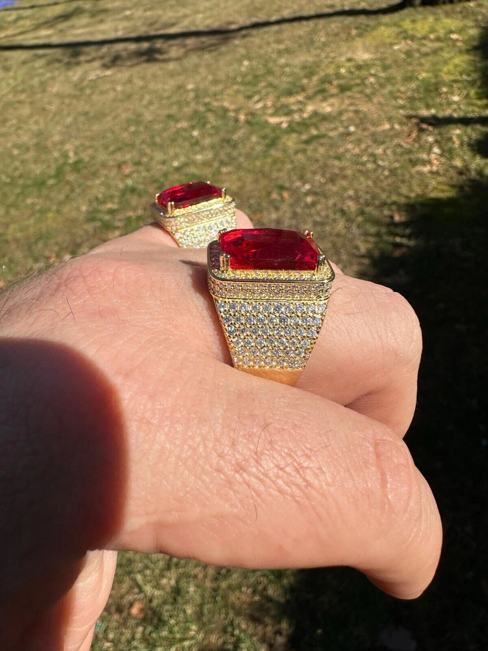 Moissanite Mens Iced 14K Gold Over Real 925 Silver Large Red Stone Hip Hop Ring 7 Moissanite Mens Iced 14K Gold Over Real 925 Silver Large Red Stone Hip Hop Ring - Image 5