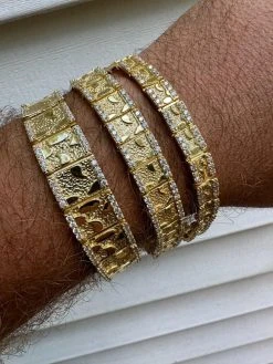 Moissanite Men's Real 14k Gold Plated 925 Silver Iced Nugget Bracelet 8mm-16mm -Harlem Bling Shop harlembling moissanite mens real 14k gold plated 925 silver iced nugget bracelet 8mm 16mm 54990.1691714145
