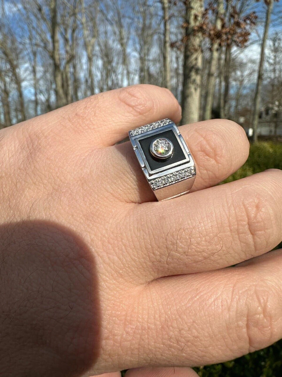 Moissanite Men's Real 925 Silver Iced Black Onyx Stone Ring Pass Diamond Tester 5 Moissanite Men's Real 925 Silver Iced Black Onyx Stone Ring Pass Diamond Tester - Image 3