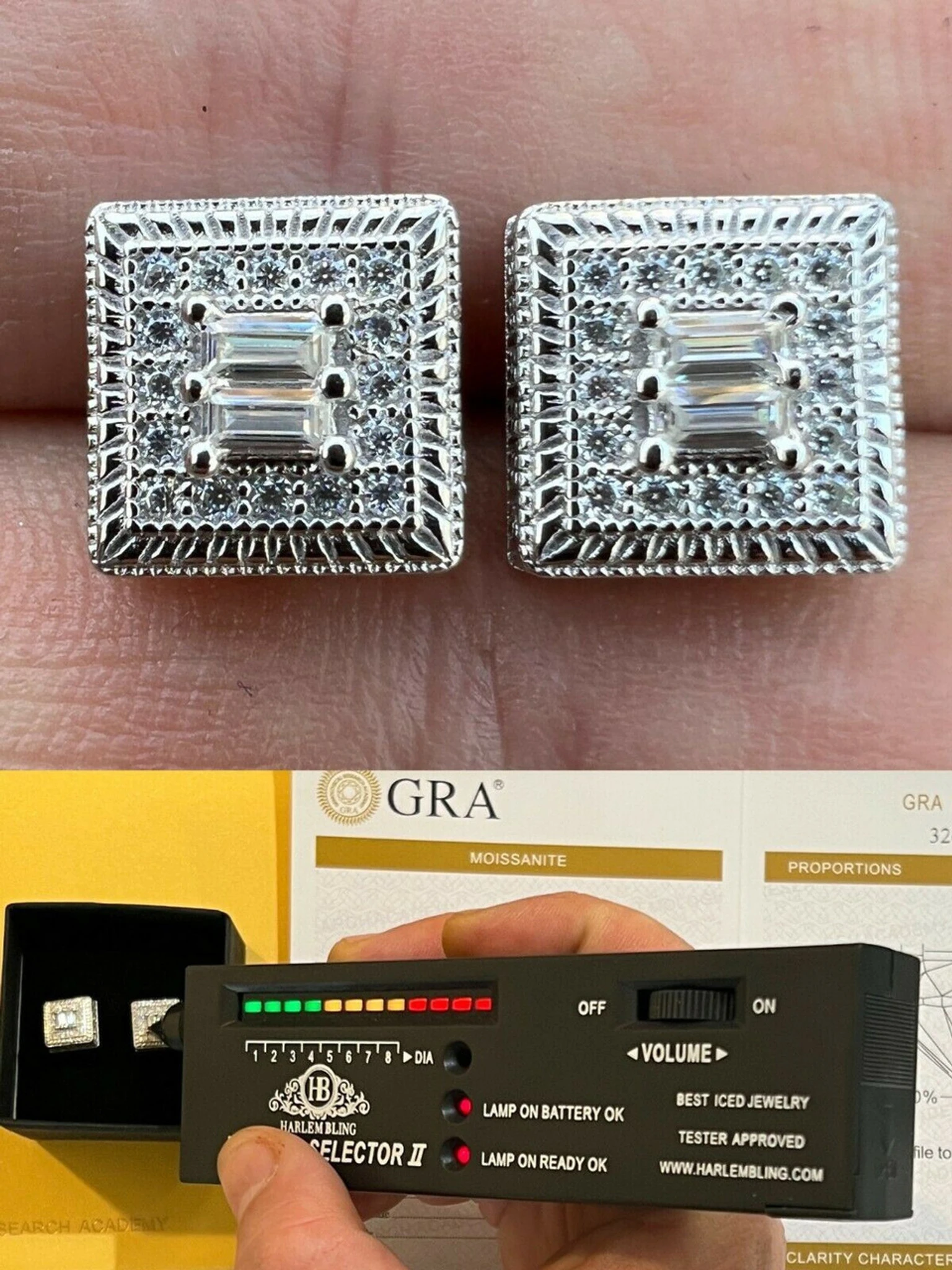 MOISSANITE Men's Silver Hip Hop Earrings Square Baguette Studs Pass Diamond Test 3 MOISSANITE Men's Silver Hip Hop Earrings Square Baguette Studs Pass Diamond Test