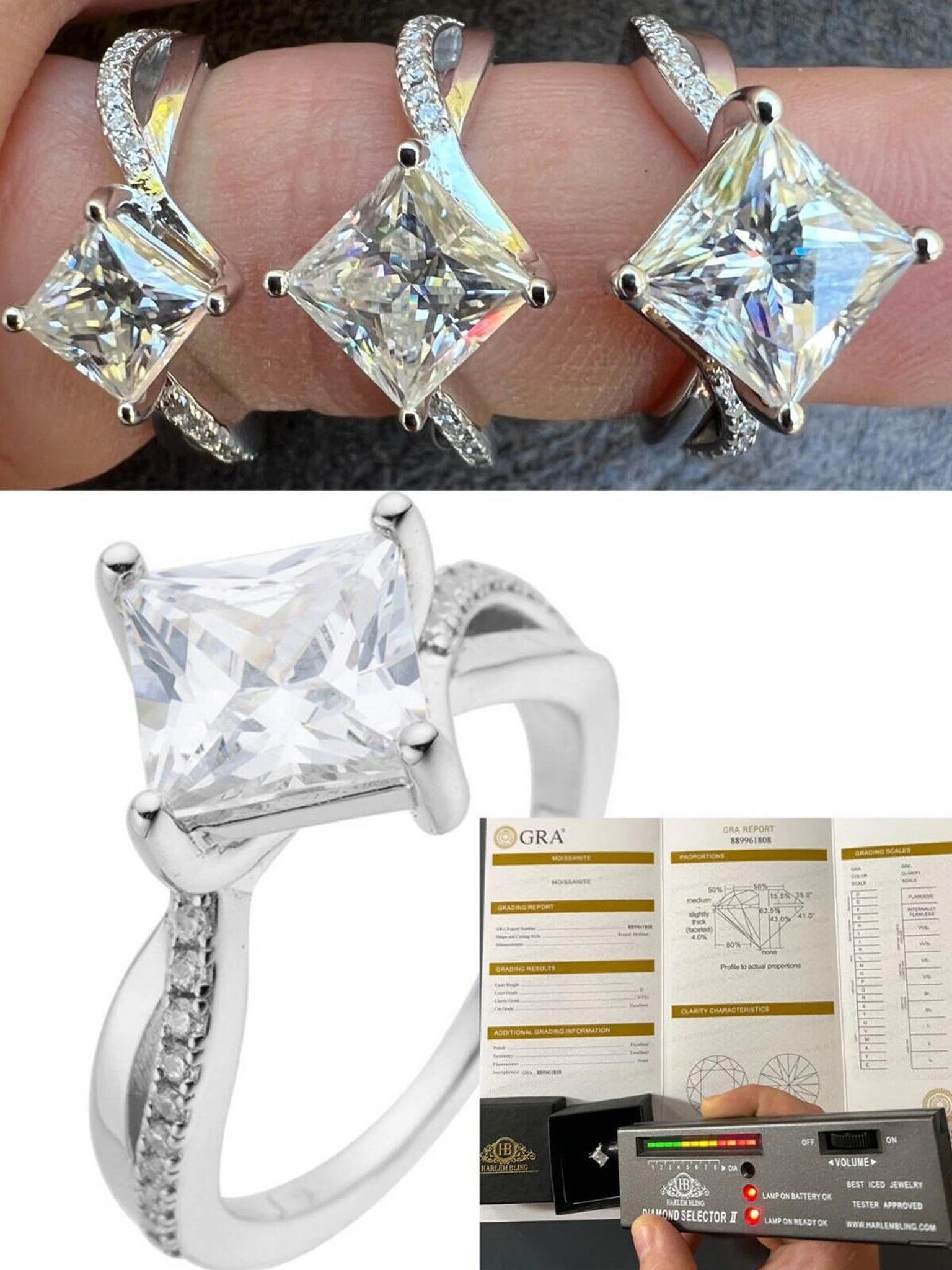 Moissanite Princess Cut Square Engagement Promise Ring 925 Silver Diamond Test ✅ 3 Moissanite Princess Cut Square Engagement Promise Ring 925 Silver Diamond Test ✅