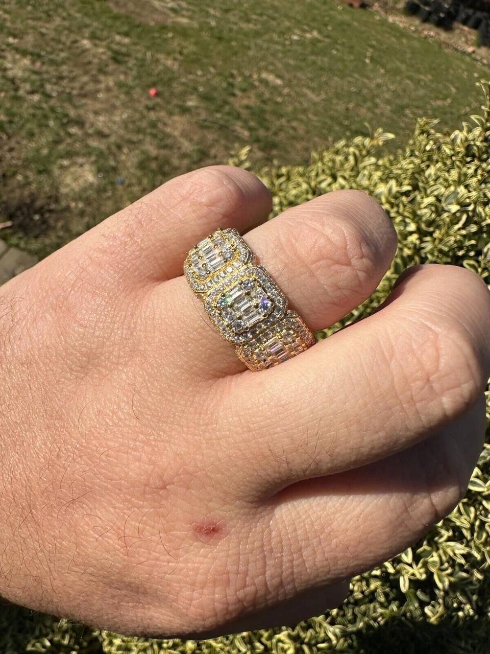 MOISSANITE Real 14k Gold Over 925 Silver Mens Baguette Pinky RING Iced 12mm Band 4 MOISSANITE Real 14k Gold Over 925 Silver Mens Baguette Pinky RING Iced 12mm Band - Image 2