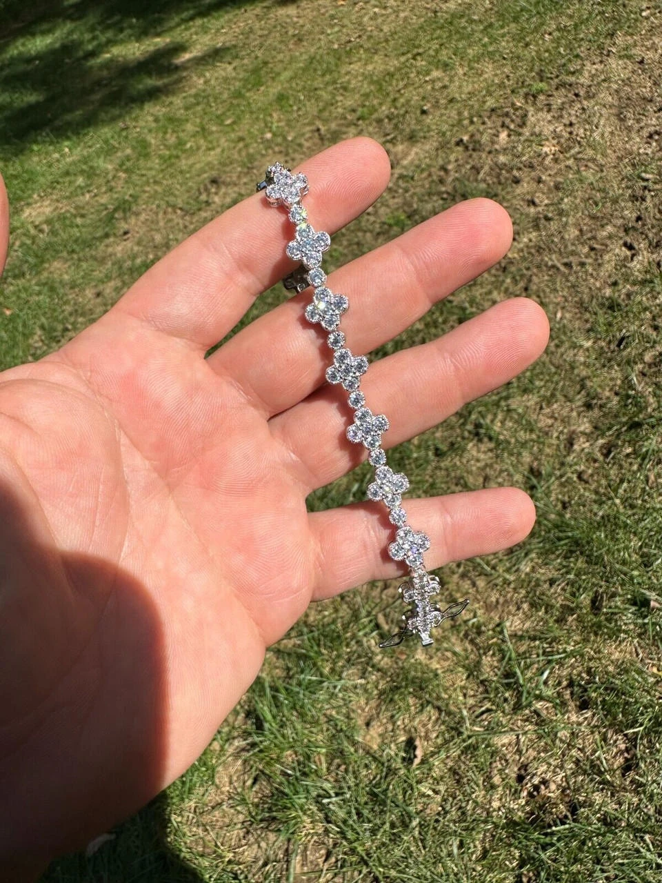 Moissanite Real 925 Silver 10mm Iced Clover Flower Tennis Bracelet Mens Ladies 9 Moissanite Real 925 Silver 10mm Iced Clover Flower Tennis Bracelet Mens Ladies - Image 7