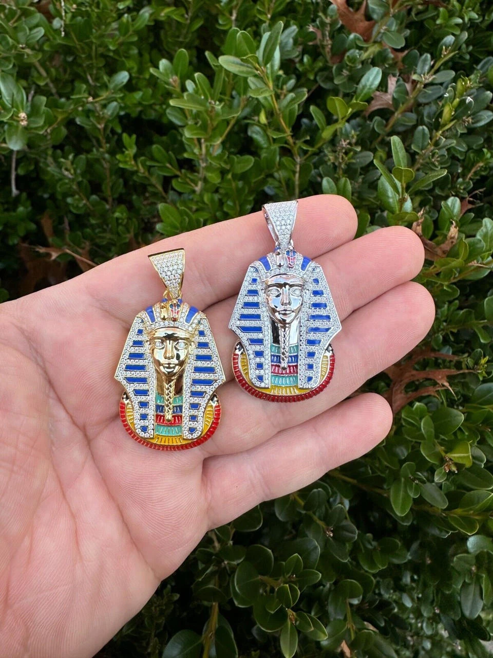 MOISSANITE Real 925 Silver Gold Iced Kig Tut Egyptian Pharoah Necklace W. Enamel 4 MOISSANITE Real 925 Silver Gold Iced Kig Tut Egyptian Pharoah Necklace W. Enamel - Image 2