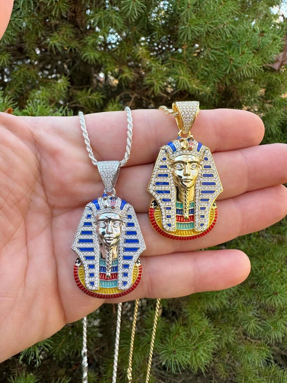 MOISSANITE Real 925 Silver Gold Iced Kig Tut Egyptian Pharoah Necklace W. Enamel 22 MOISSANITE Real 925 Silver Gold Iced Kig Tut Egyptian Pharoah Necklace W. Enamel - Image 20