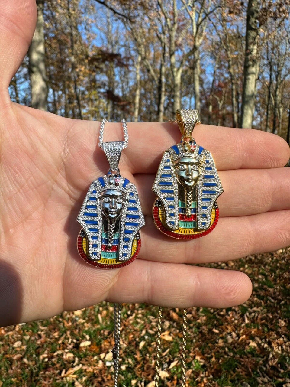 MOISSANITE Real 925 Silver Gold Iced Kig Tut Egyptian Pharoah Necklace W. Enamel 11 MOISSANITE Real 925 Silver Gold Iced Kig Tut Egyptian Pharoah Necklace W. Enamel - Image 9