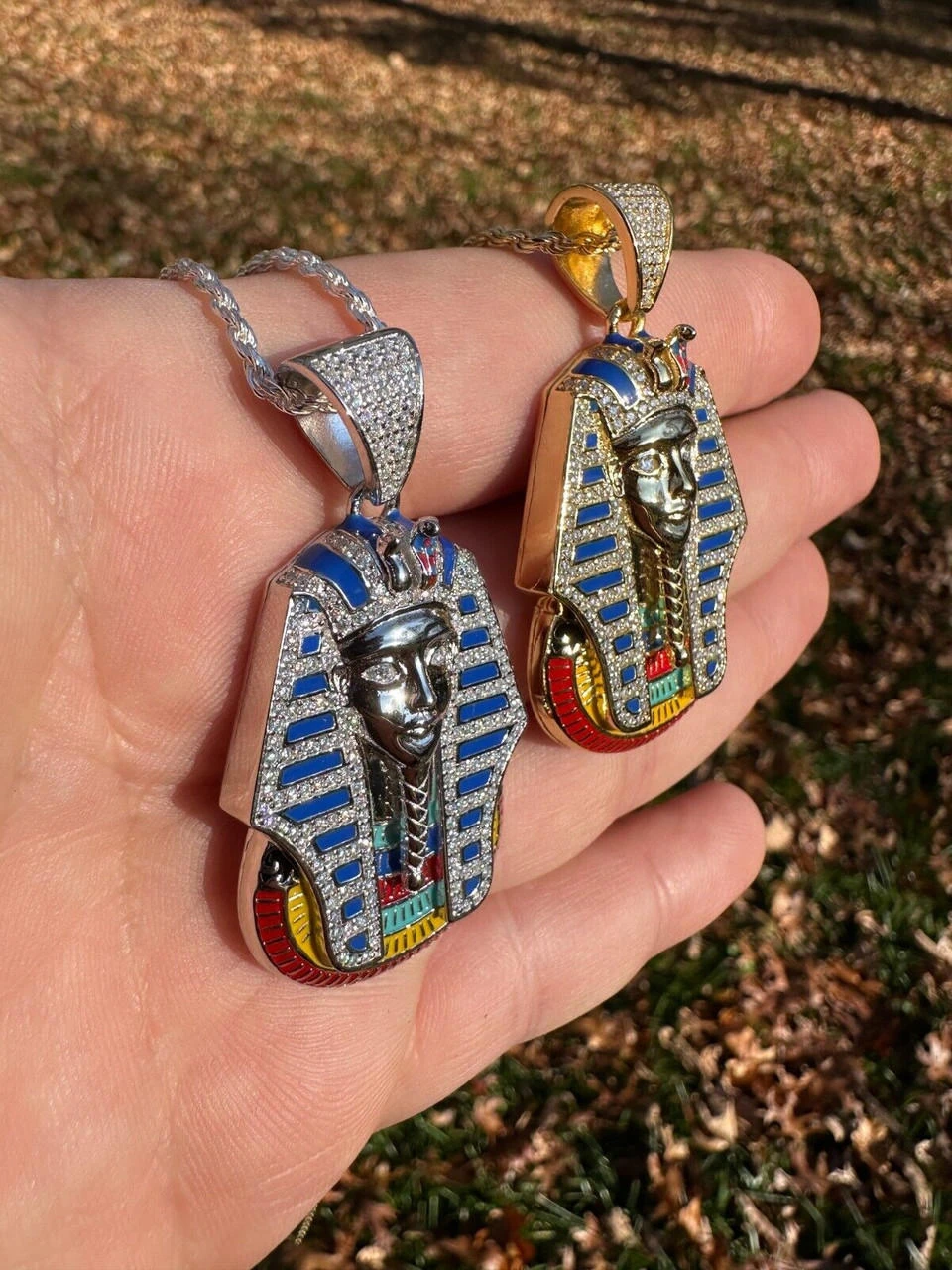 MOISSANITE Real 925 Silver Gold Iced Kig Tut Egyptian Pharoah Necklace W. Enamel 6 MOISSANITE Real 925 Silver Gold Iced Kig Tut Egyptian Pharoah Necklace W. Enamel - Image 4