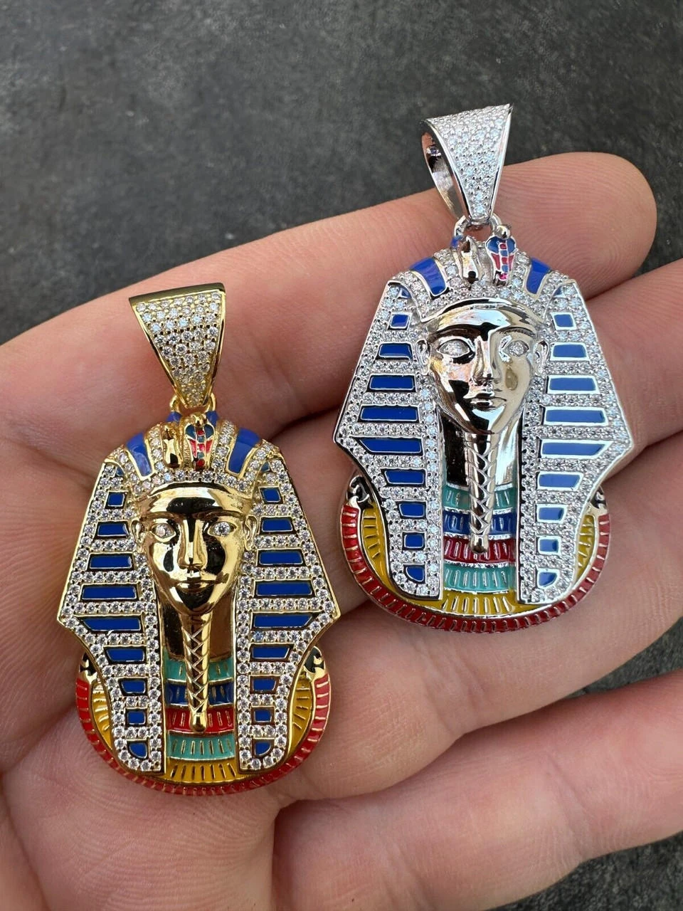MOISSANITE Real 925 Silver Gold Iced Kig Tut Egyptian Pharoah Necklace W. Enamel 17 MOISSANITE Real 925 Silver Gold Iced Kig Tut Egyptian Pharoah Necklace W. Enamel - Image 15