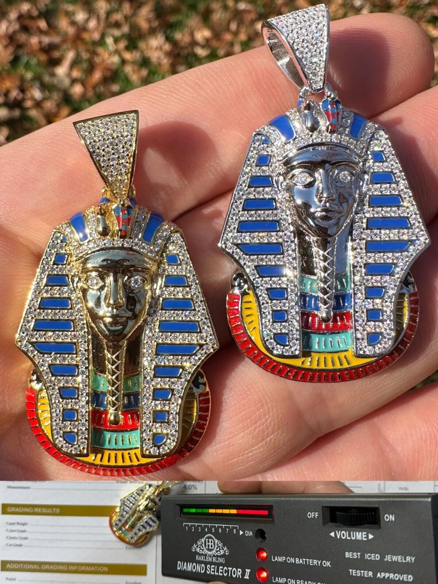 MOISSANITE Real 925 Silver Gold Iced Kig Tut Egyptian Pharoah Necklace W. Enamel 3 MOISSANITE Real 925 Silver Gold Iced Kig Tut Egyptian Pharoah Necklace W. Enamel