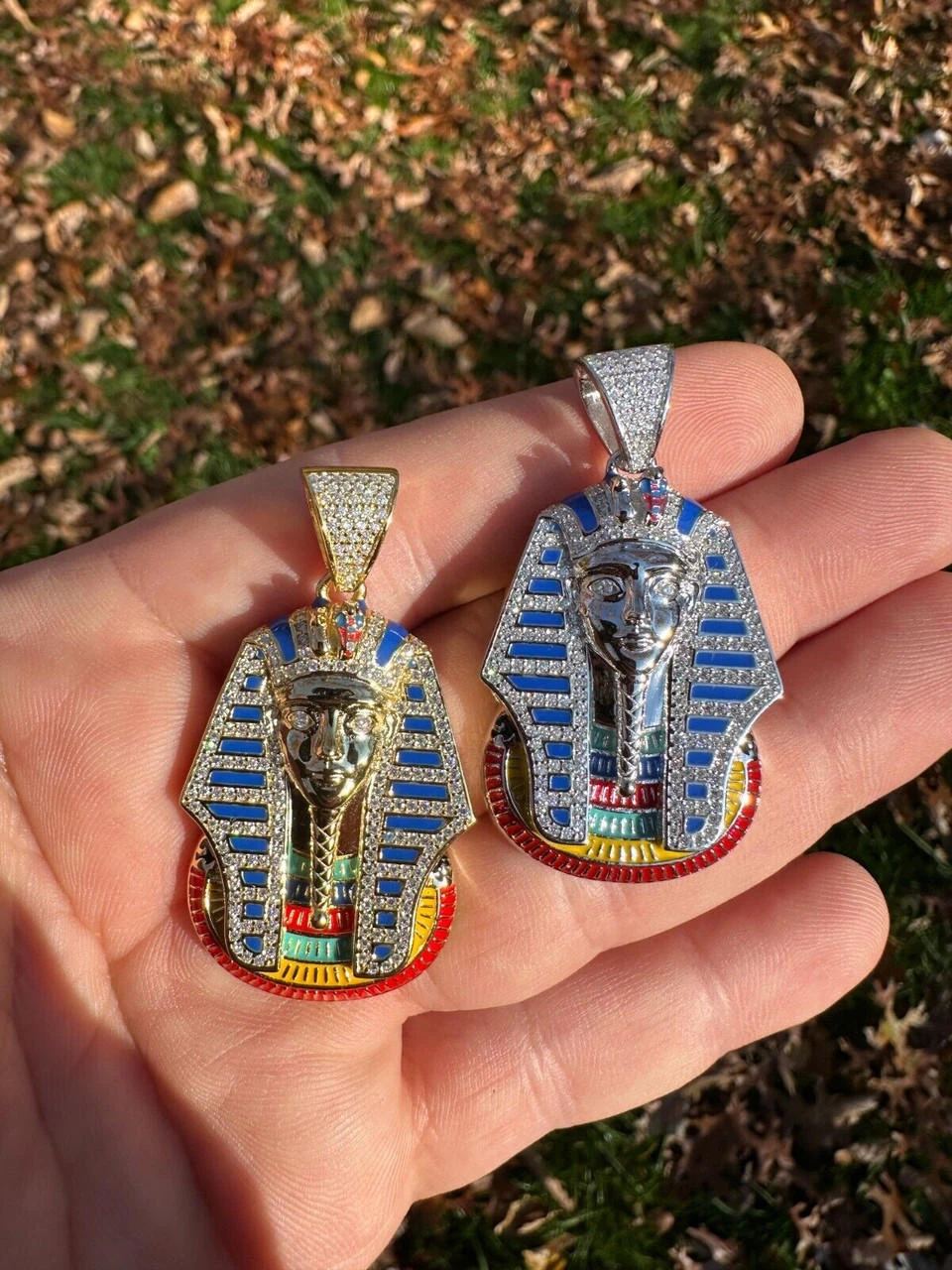 MOISSANITE Real 925 Silver Gold Iced Kig Tut Egyptian Pharoah Necklace W. Enamel 18 MOISSANITE Real 925 Silver Gold Iced Kig Tut Egyptian Pharoah Necklace W. Enamel - Image 16