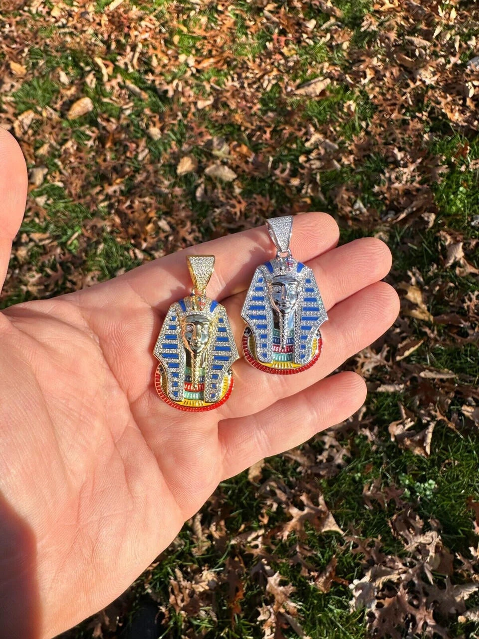 MOISSANITE Real 925 Silver Gold Iced Kig Tut Egyptian Pharoah Necklace W. Enamel 20 MOISSANITE Real 925 Silver Gold Iced Kig Tut Egyptian Pharoah Necklace W. Enamel - Image 18