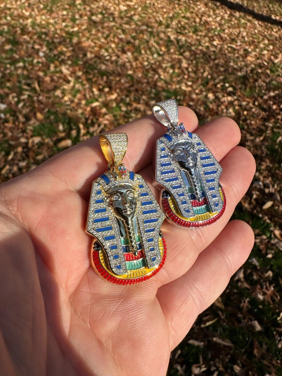 MOISSANITE Real 925 Silver Gold Iced Kig Tut Egyptian Pharoah Necklace W. Enamel 19 MOISSANITE Real 925 Silver Gold Iced Kig Tut Egyptian Pharoah Necklace W. Enamel - Image 17