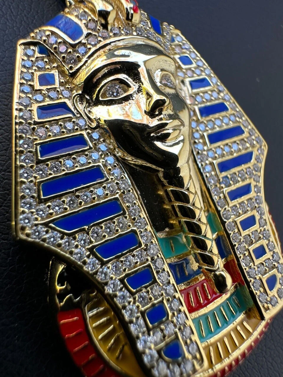MOISSANITE Real 925 Silver Gold Iced Kig Tut Egyptian Pharoah Necklace W. Enamel 10 MOISSANITE Real 925 Silver Gold Iced Kig Tut Egyptian Pharoah Necklace W. Enamel - Image 8
