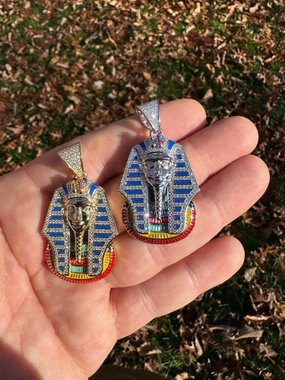 MOISSANITE Real 925 Silver Gold Iced Kig Tut Egyptian Pharoah Necklace W. Enamel 21 MOISSANITE Real 925 Silver Gold Iced Kig Tut Egyptian Pharoah Necklace W. Enamel - Image 19