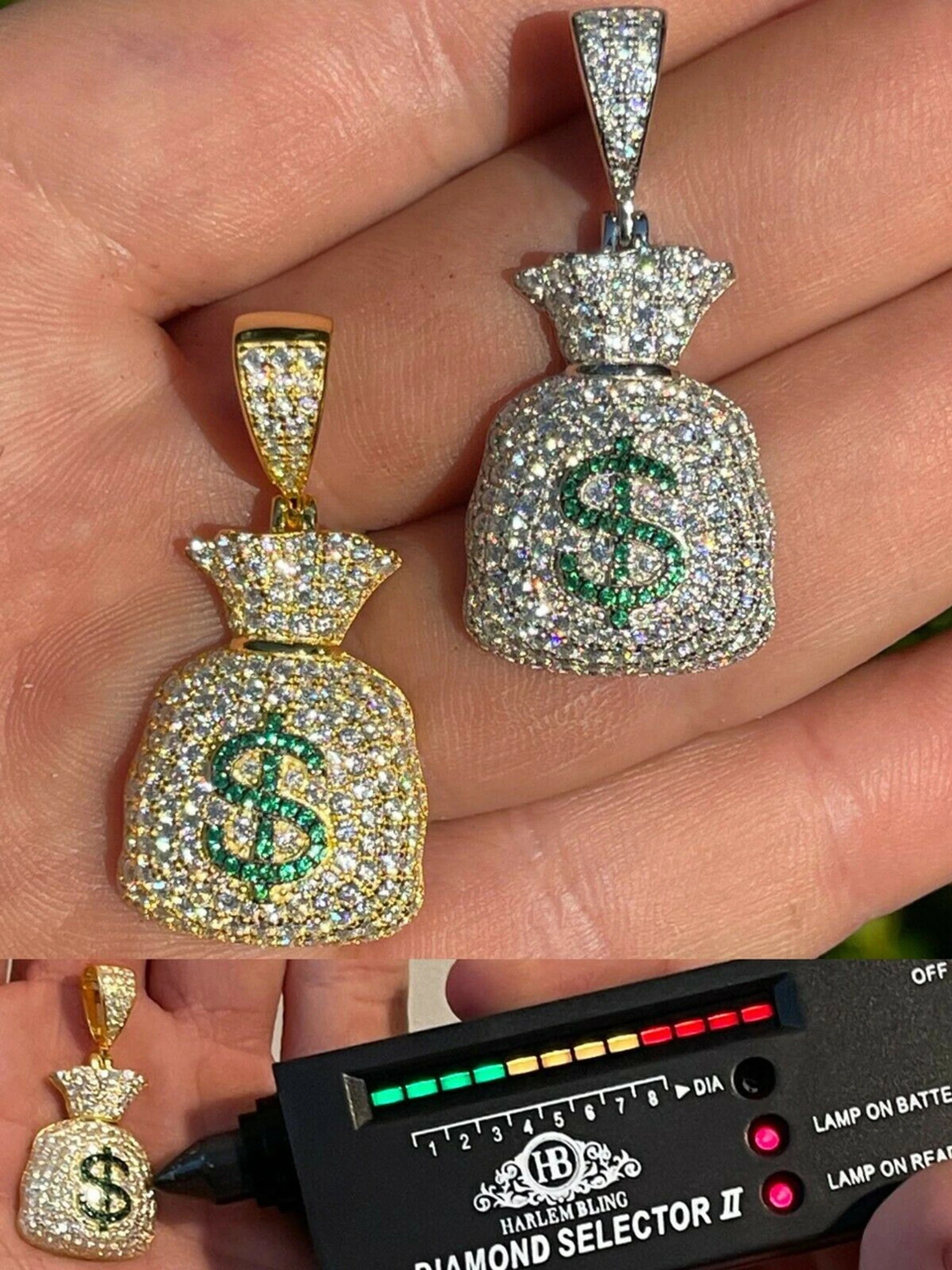 MOISSANITE Real 925 Silver/ Gold Money Bag Dollar Pendant Iced Pass Diamond Test 3 MOISSANITE Real 925 Silver/ Gold Money Bag Dollar Pendant Iced Pass Diamond Test