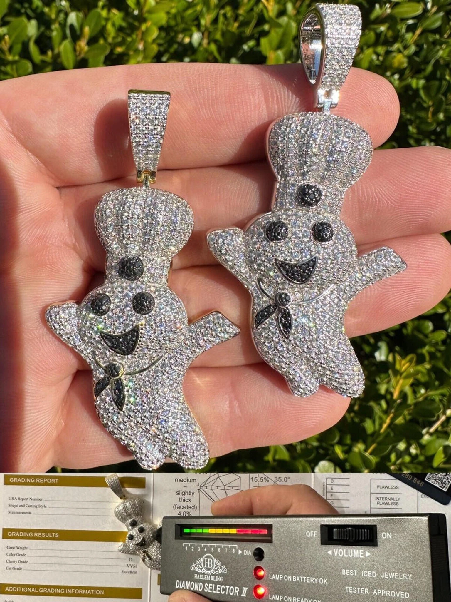 MOISSANITE Real 925 Silver / Gold Pillsbury Doughboy Money Necklace Pendant Iced 3 MOISSANITE Real 925 Silver / Gold Pillsbury Doughboy Money Necklace Pendant Iced