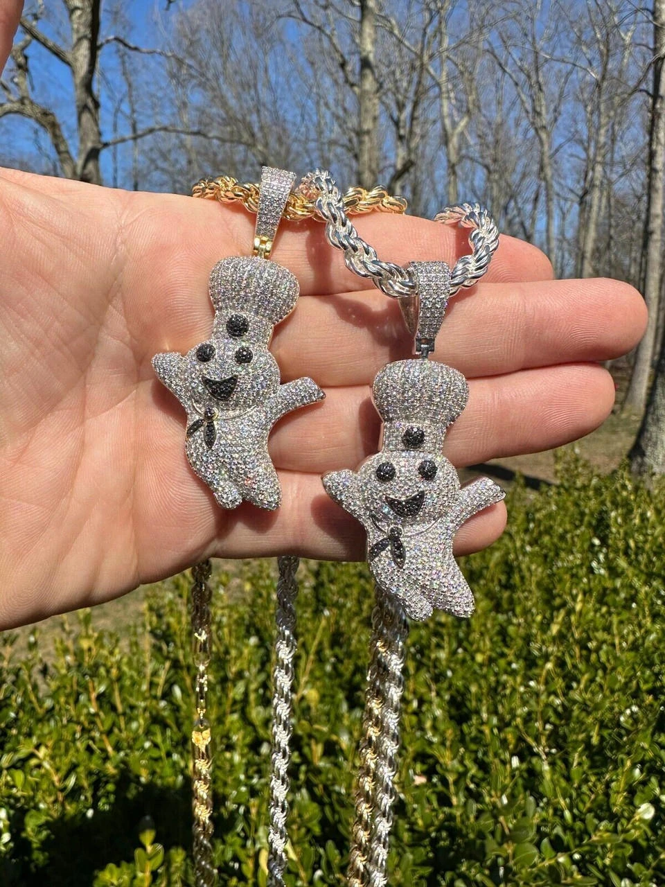 MOISSANITE Real 925 Silver / Gold Pillsbury Doughboy Money Necklace Pendant Iced 4 MOISSANITE Real 925 Silver / Gold Pillsbury Doughboy Money Necklace Pendant Iced - Image 2