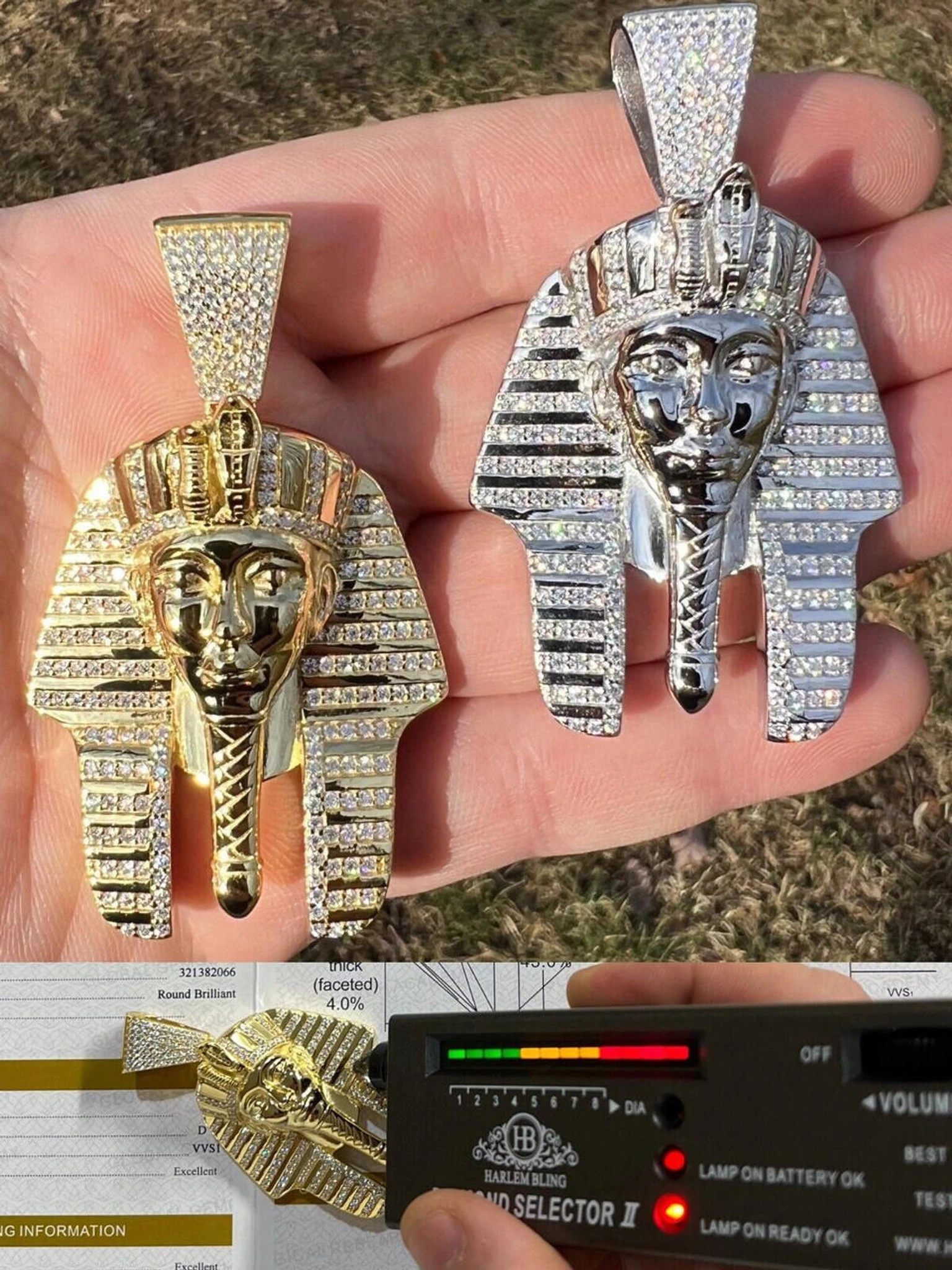 MOISSANITE Real 925 Silver Gold Plated Iced King Tut Egyptian Pharaoh Necklace 3 MOISSANITE Real 925 Silver Gold Plated Iced King Tut Egyptian Pharaoh Necklace