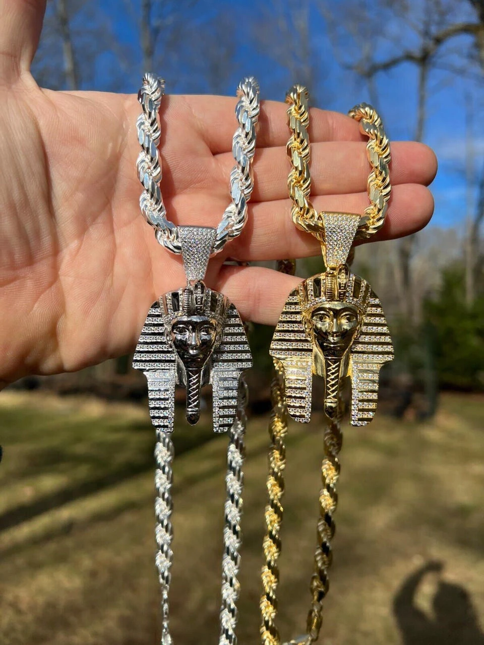 MOISSANITE Real 925 Silver Gold Plated Iced King Tut Egyptian Pharaoh Necklace 18 MOISSANITE Real 925 Silver Gold Plated Iced King Tut Egyptian Pharaoh Necklace - Image 16