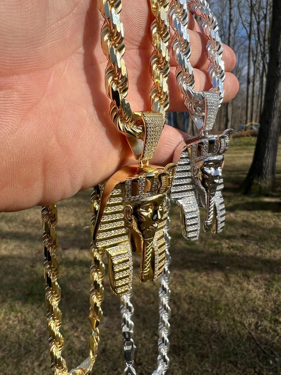 MOISSANITE Real 925 Silver Gold Plated Iced King Tut Egyptian Pharaoh Necklace 17 MOISSANITE Real 925 Silver Gold Plated Iced King Tut Egyptian Pharaoh Necklace - Image 15